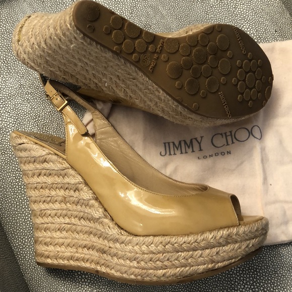 JIMMY CHOO Espadrilles Wedge Straw Nude Patent Leather Size 38, 1-4.5” Sm stain - Picture 5 of 10